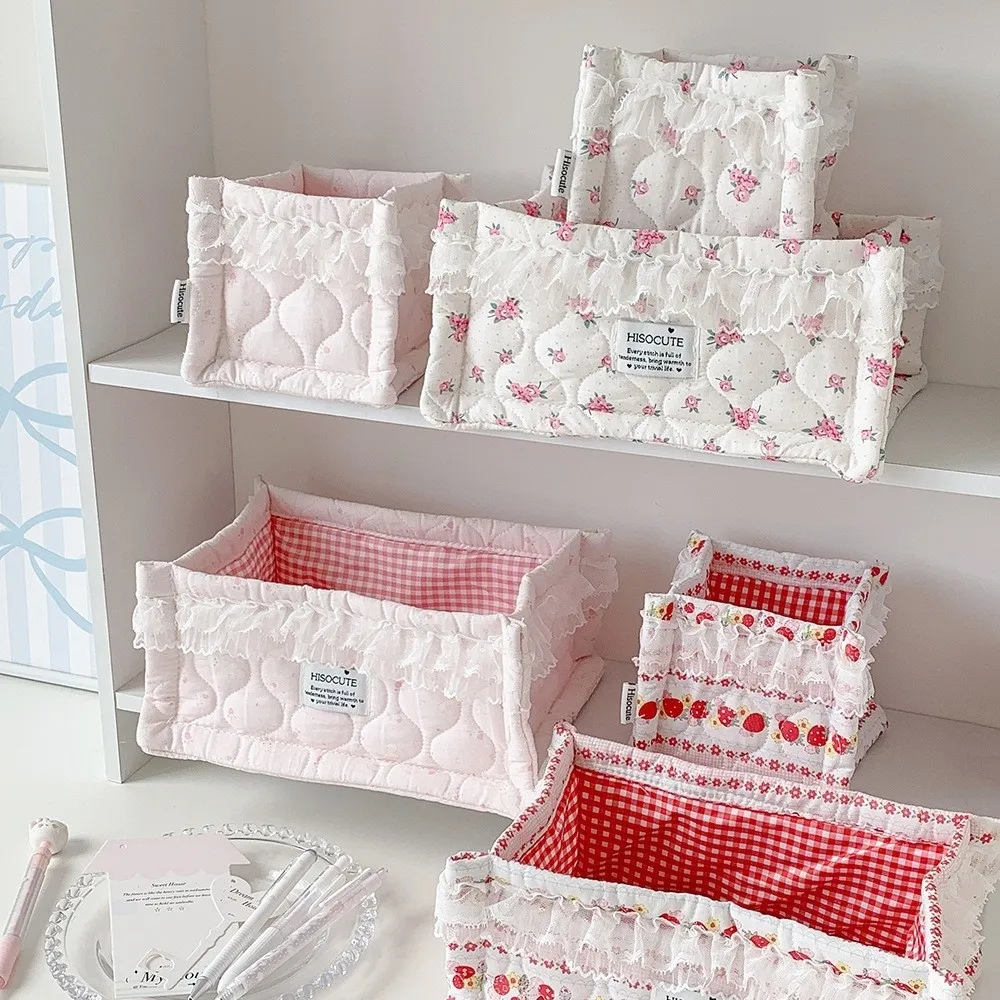 Soft Desktop Storage Basket Quilted Lace Flower Cosmetic Storage Pouch Large Capacity Snacks Sundries Sorting Bag