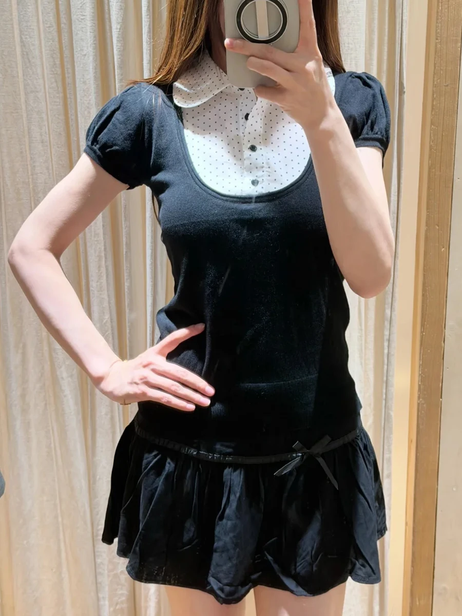Fake Two‑Piece Slim T-shirt Woman Polka Dot Patchwork Turn Down Collar Cotton Short Sleeve Tees Sweet Preppy Style Black Tshirts