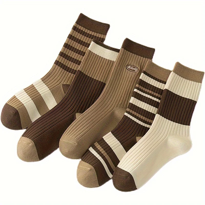 5 pairs of socks   Maillard color mid length socks versatile and simple stacking socks  college style brown socks