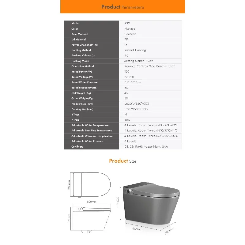 Gray Wall Hung Modern Smart Toilet One Piece Integrated Intelligent Toilet Seat