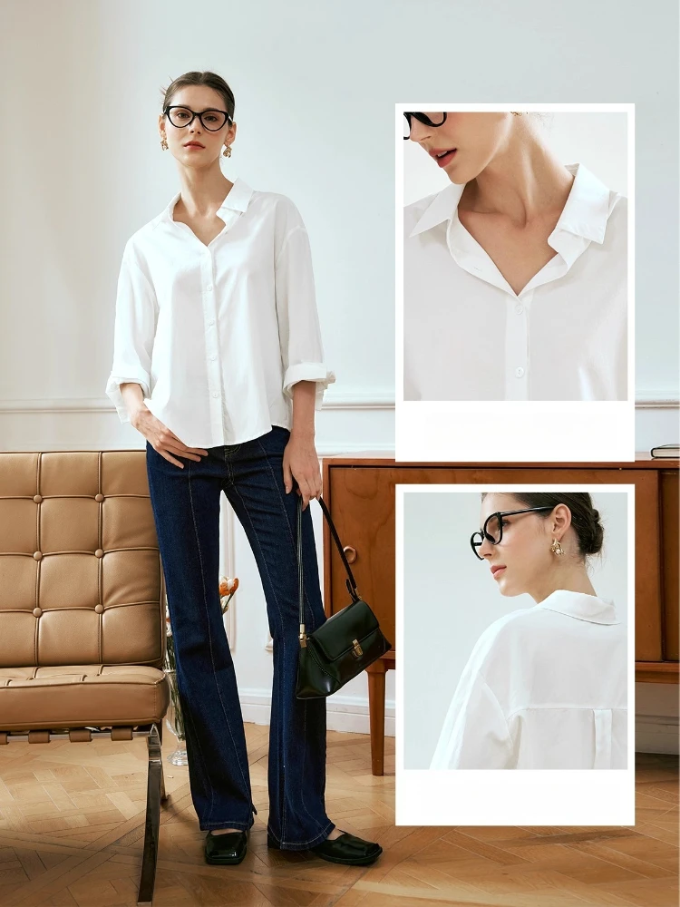 OLrain Women's White Long Sleeve Shirt 2025 Autumn New Arrival Loose-fit Turn-down Collar Dropped Shoulders Shirt O57QC83600