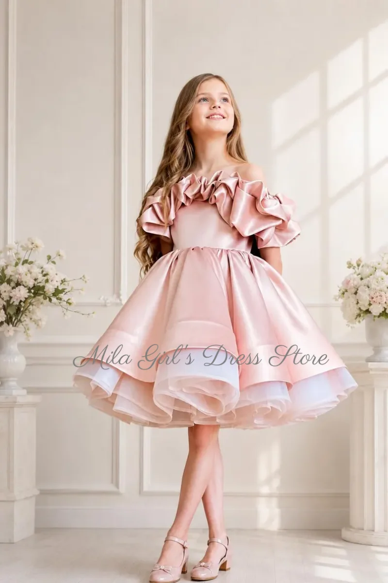 Children Short Princess Party Dress Satin Ruffles Pink Flower Girl Dresses Piano Performance Host Birthday Pageant Gown Custom