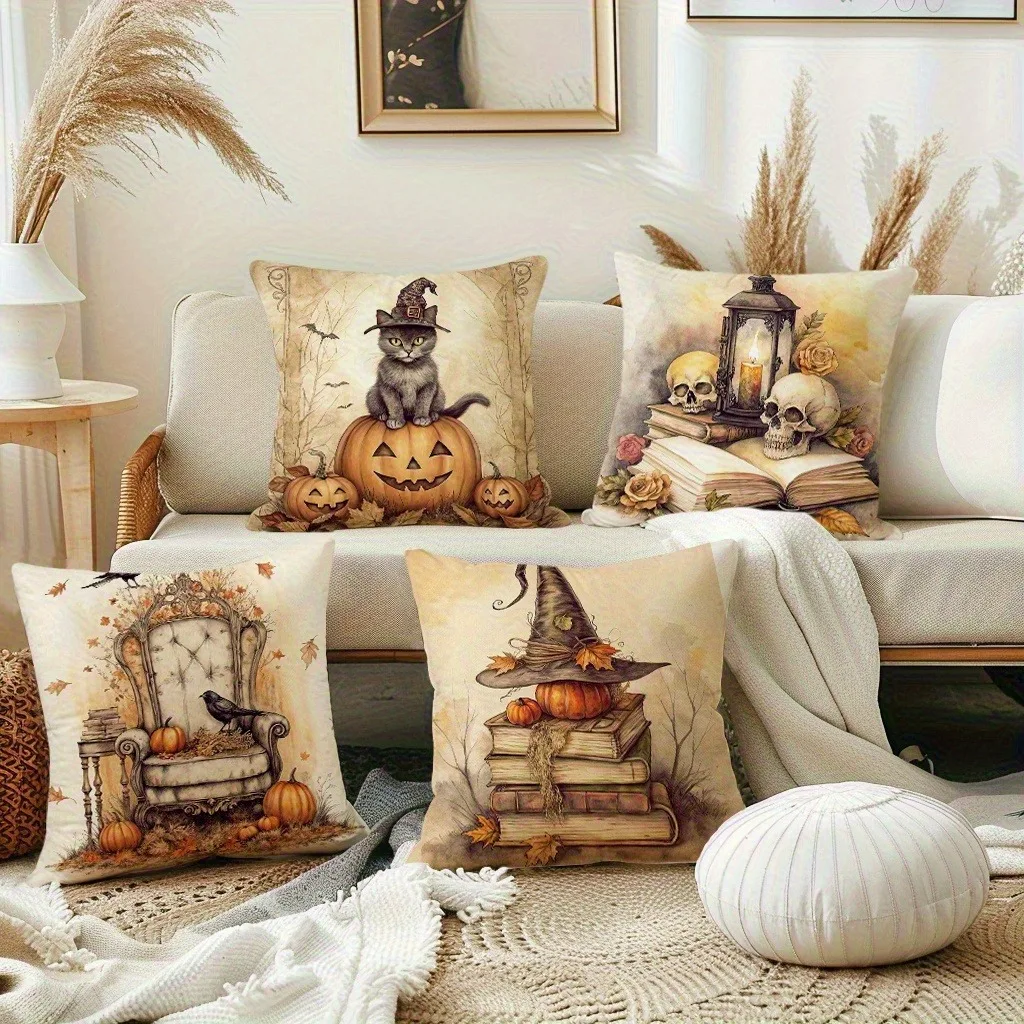 

Spooky Halloween Pillow Covers: Cat on Pumpkin, Skull & Lantern, Chair & Raven, Books & Witch Hat Sofa cushion cover gift