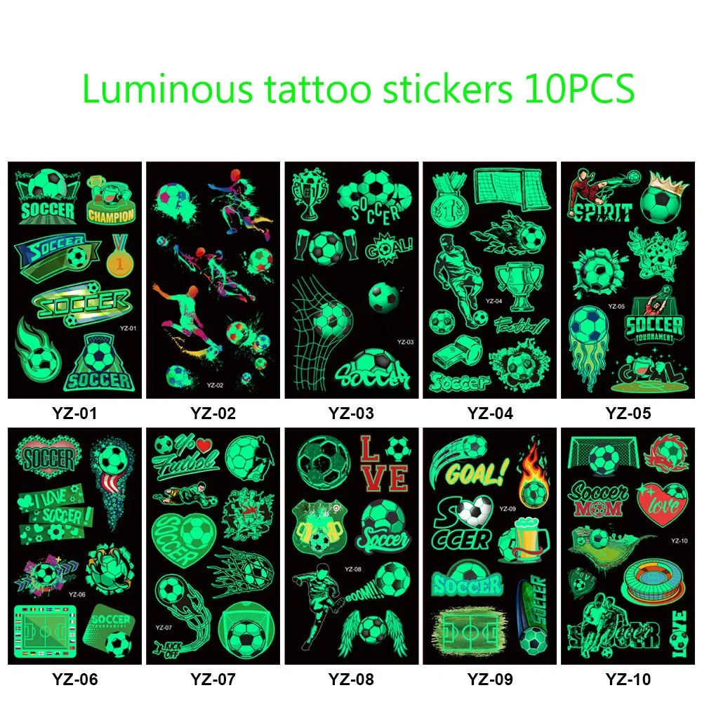 Tatuajes luminosos para fanáticos del fútbol, pegatina de tatuaje falso, tatuaje impermeable, mano, brazo, pie, niño, 10 piezas por juego