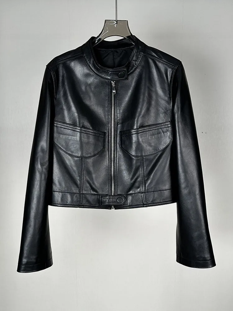 Punk Style Women Genuine Leather Jacket Stand Collar Spring Autumn Moto Biker Outwear Coat Short Natural Real Leather Jackets