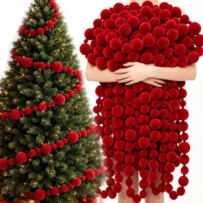 Creative 2/4M Flocking Christmas Ball String Velvet Christmas Ball Ornament Garland Red Hanging Pom Pom Pendents New Year Party