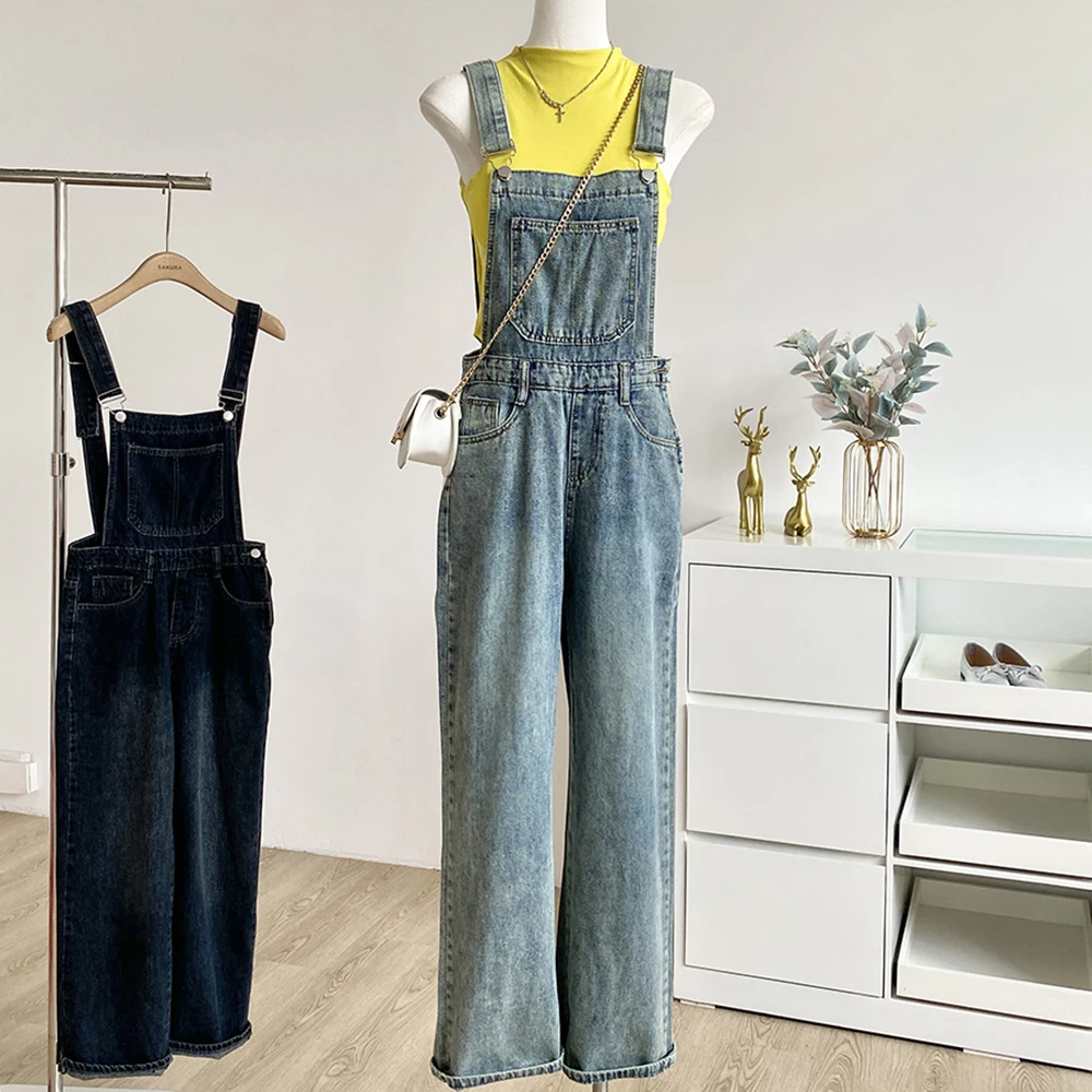 Damskie ogrodniczki jeansowe na jesień 2025, koreańskie, jednolite, vintage, proste kombinezony, codzienne, uniwersalne, do pracy, długie jeansy, streetwear