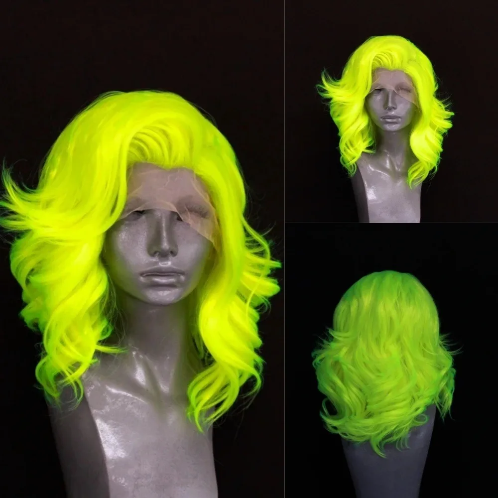 

13X4 Короткий зеленый парик Боб Волна Кружева спереди Синтетические парики Натуральные волосы Бесклеевой парик для повседневного ношения для женщин Термостойкое волокно