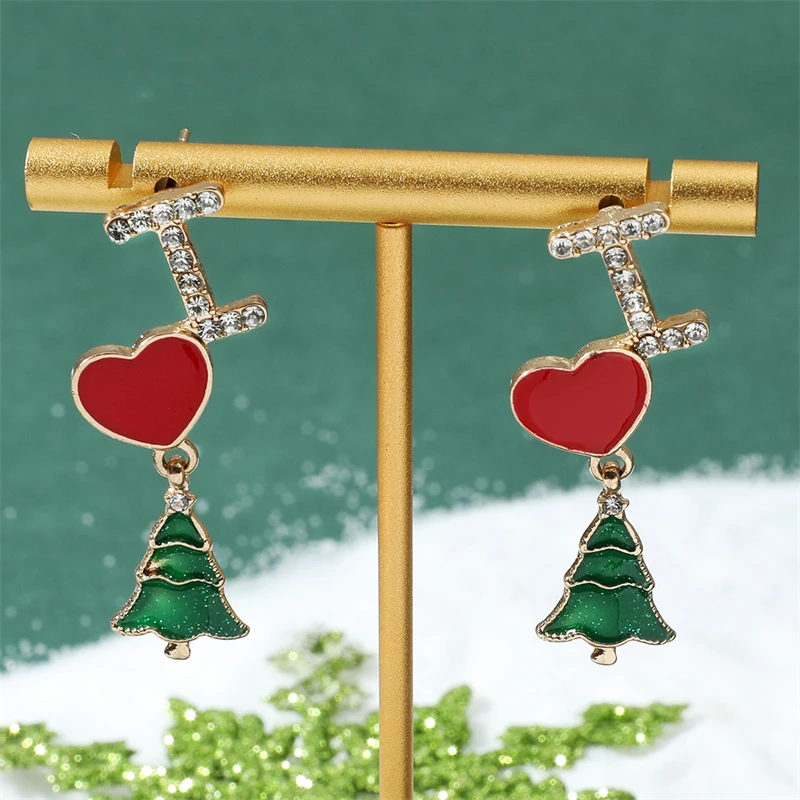 

Shiny Rhinestone Red Heart Christmas Tree Earrings For Women Santa Claus Elk Red Green Bells Tassel Earring Festival Jewelry