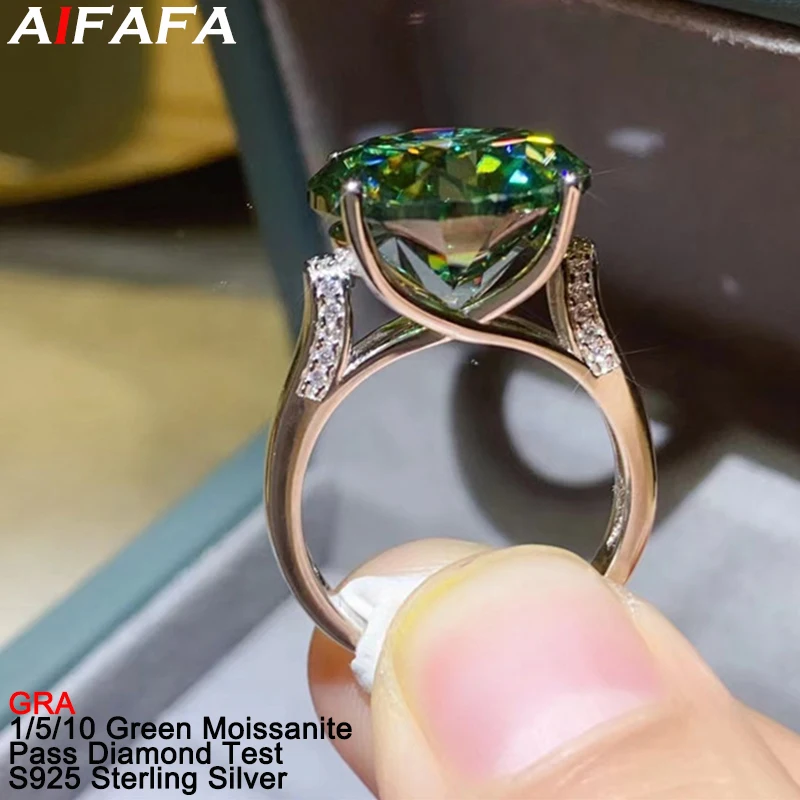 

Top Grade 1/5/10 Carat Green Moissanite Women Rings Plate Au750 Moissanita Lab Diamond Smooth Bright Surface 925 Silver Ring