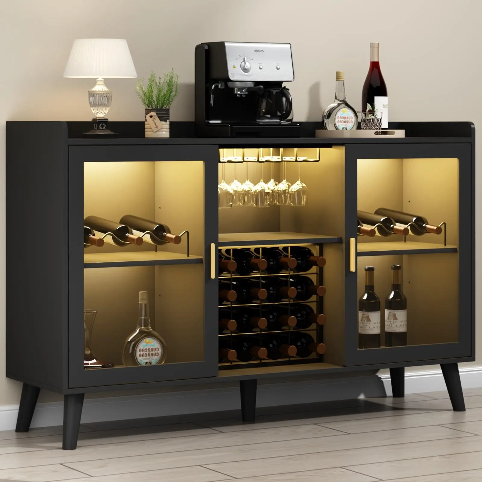 Wine Bar Cabinet with LED Light, Home Coffee Cabinet w/ Wine & Glass Holder