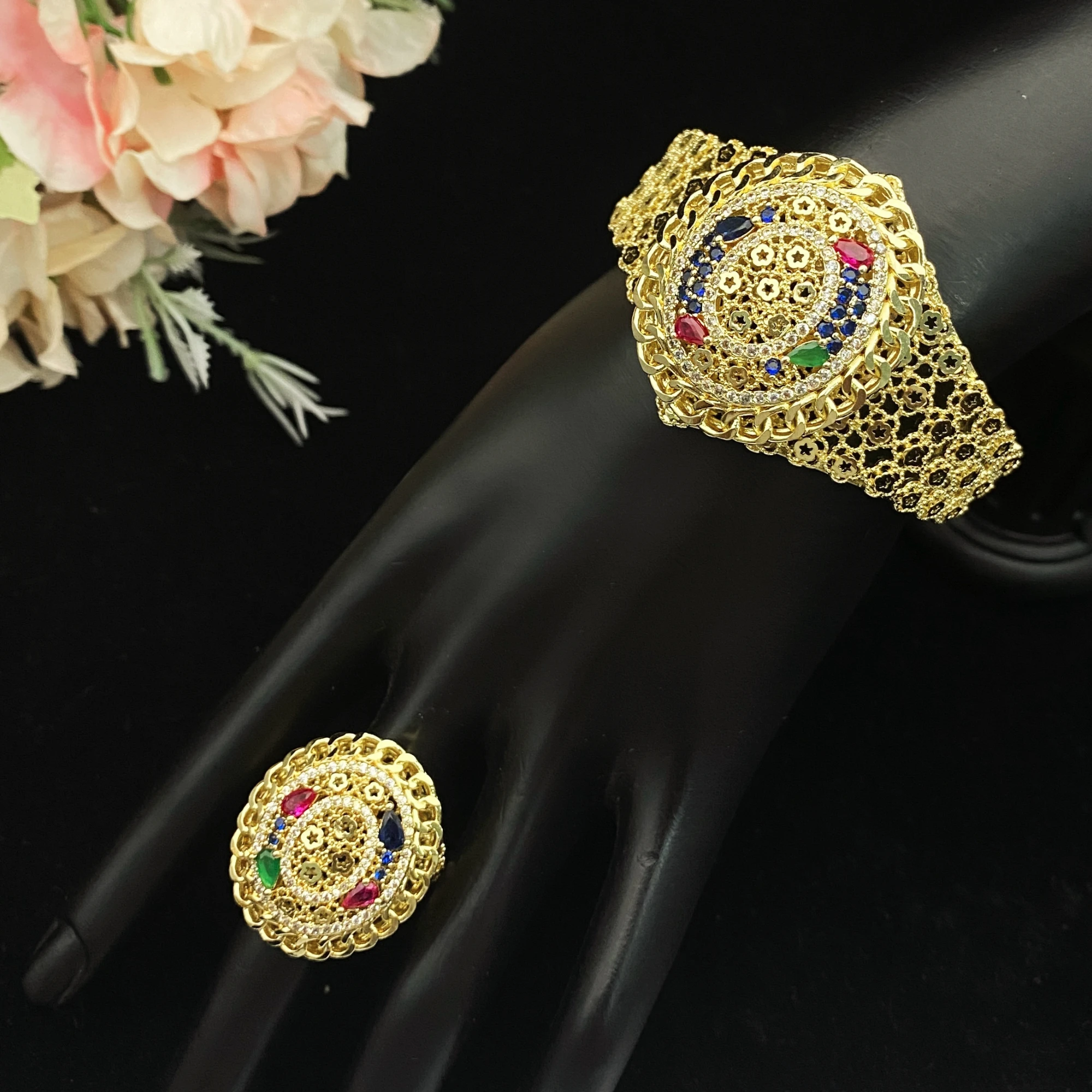 

JRH Wedding Guest Elegance 2 Piece Set Adjustable Gold Plated Zircon Bracelet Ring for Formal Occasions