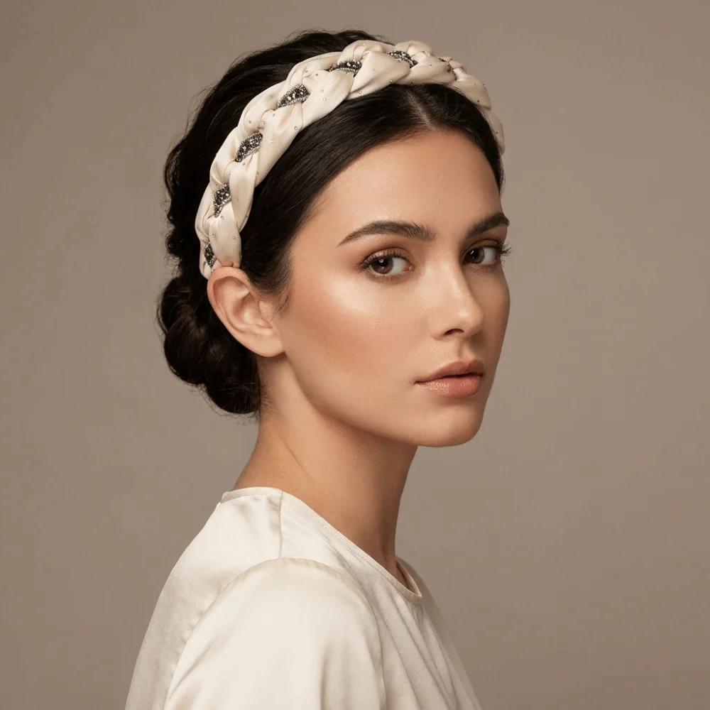 Wide Brim Rhinestone Headband Twisted Knotted Non-Slip High Cranial Hair Hoop Sparkling Elegant Braided Hairband