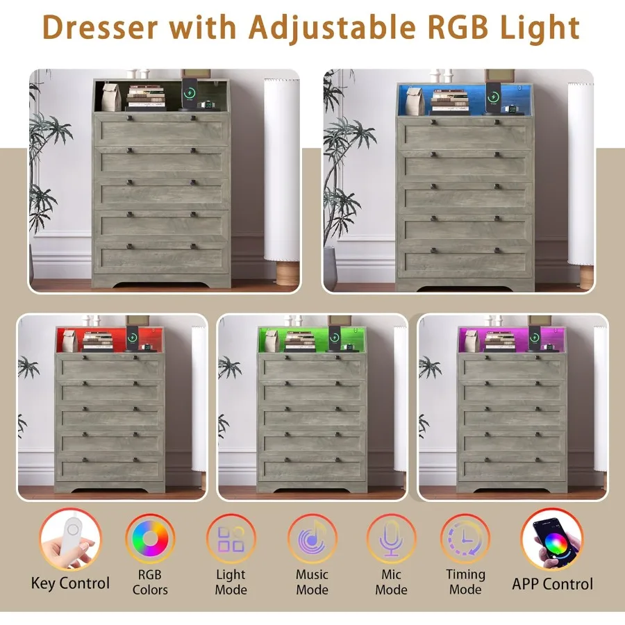 خزانة ذات أدراج رمادية طويلة 5 أدراج لغرفة النوم، خزانة ذات أدراج خشبية مع أضواء LED، محطة شحن، مقابض معدنية، متجر حديث #5