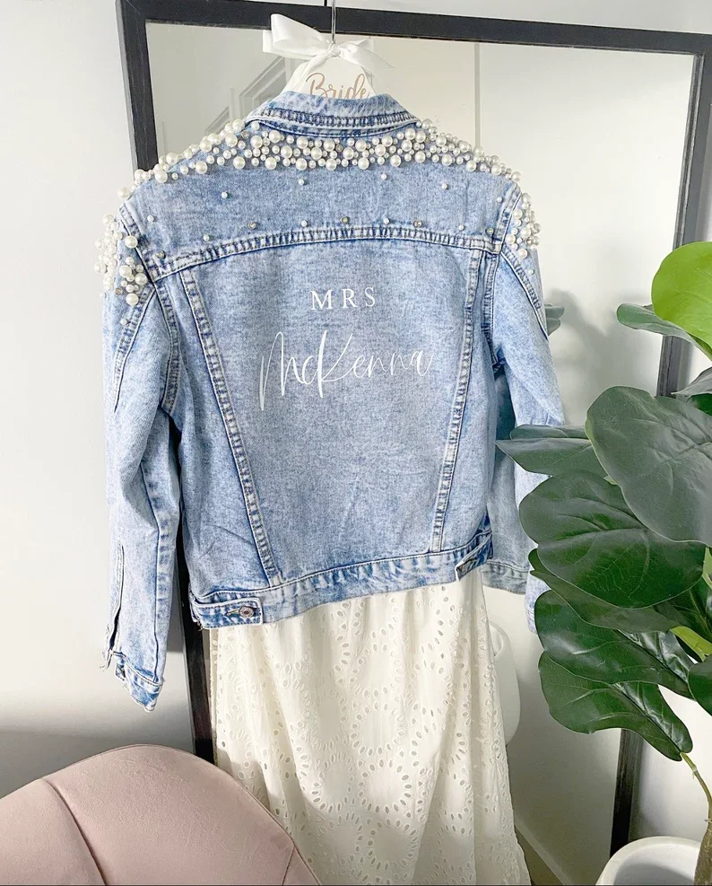Printing Pearl Custom Name Denim Jacket Wedding Pearl Beads Personalized Gift for Wife, Bridal Shower Valentine's Day Couple