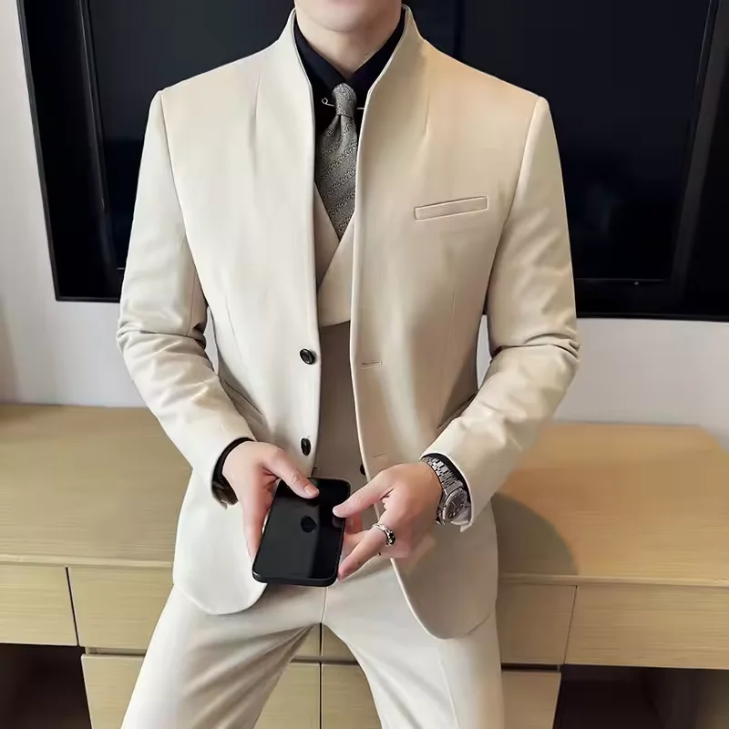

Chinese style collarless wool men's suit slim fit business suit wool suit 3-piece set wedding formal men's suit