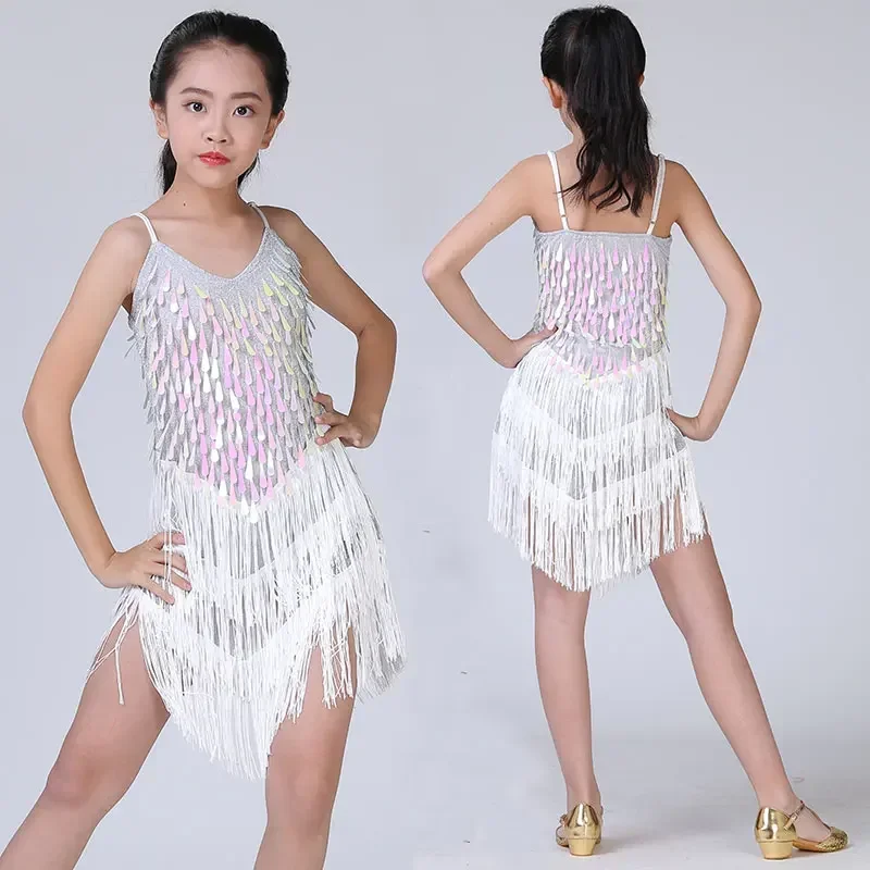 

Girl Latin Dance Dress for Girls White Sequin Fringe Dance Dress Tassel Performance Girl Stage Dance for Girl Latin Clothes
