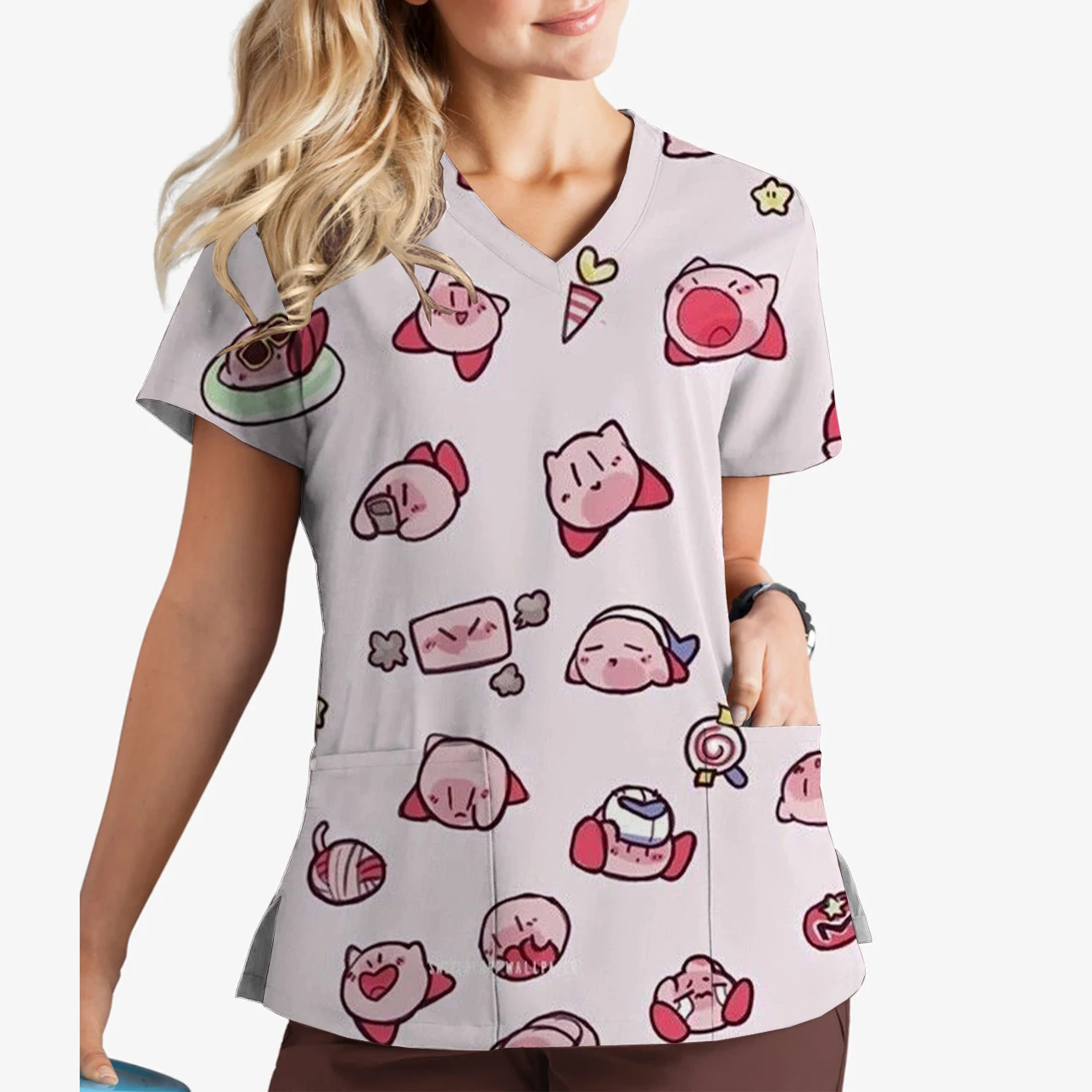 

Medical Uniforms Doctor Nurse Surgical Clothes V-Neck Print Scrub Top Kirby Print Pet Shop Work Uniform
