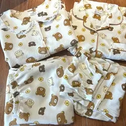 Kawaii Cute Rilakkuma Pajamas Long Sleeved Cotton Cardigan Long Pants V-Neck Home Suit Set Comfortable Birthday Gifts for Girls