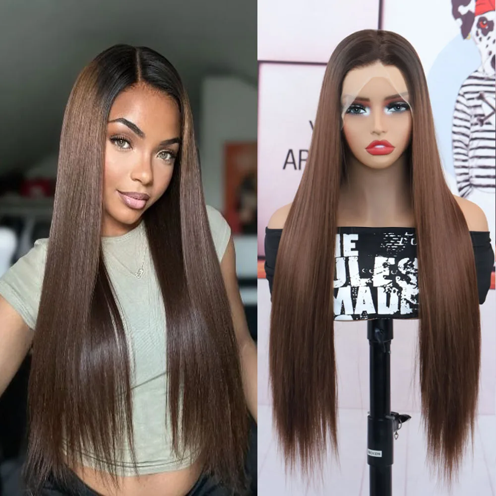 Rooted Lace Front Wig Synthetic Brown Hair 13x4 Deep Part Glueless Wig Dark Roots to Light Brown Ombre Deep Top Fiber