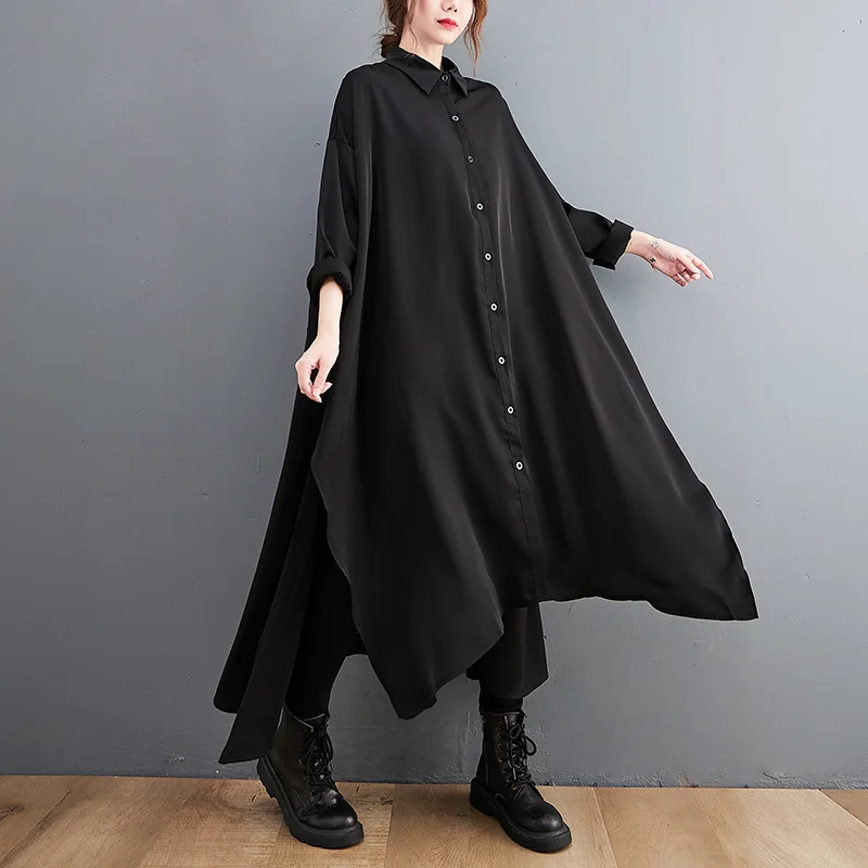 #4099 Black Long Dress Women Polo Neck Casual Shirt Dresses Long Sleeved Loose Asymmetrical Chiffon Dress Split Korean Style