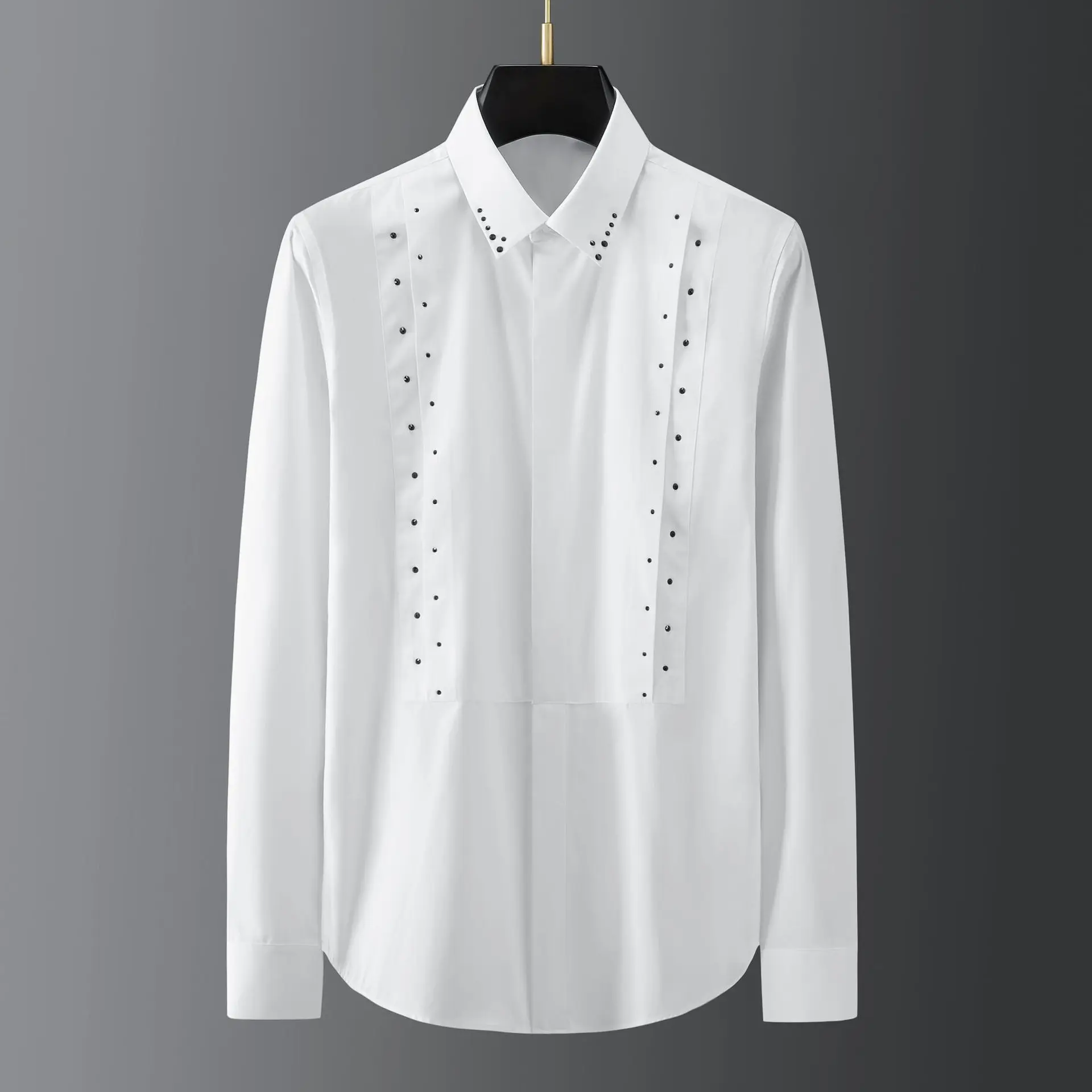

Fashion Brand Personalized Front Patchwork Collar Hot Drill Rhinestone Shirt Mens Long Sleeve Slim Casual White Shirt Korean Men