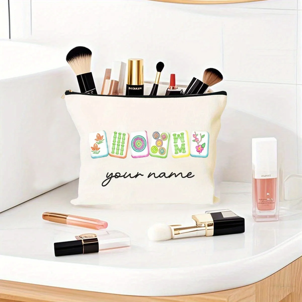 [Customized] Creative Mahjong Design Storage Cosmetic Bag Portable Travel Zipper Storage Bag Personalized Customized Name Gift