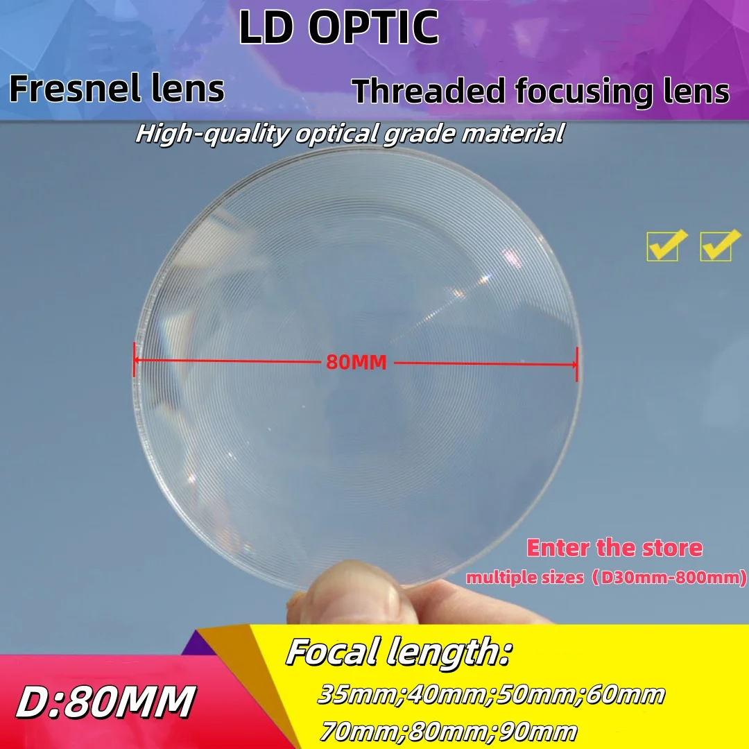 80MM diameter optical grade plastic PMMA Fresnel lens. Solar focusing threaded lens. For ignition, lighting and magnification