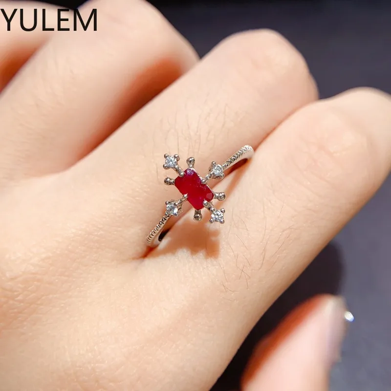 YULEM 100% Natural Myanmar Rectangle Ruby Ring for High-end Women 3*5mm Ruby Silver Engagement Ring 925 Silver Ruby Jewelry