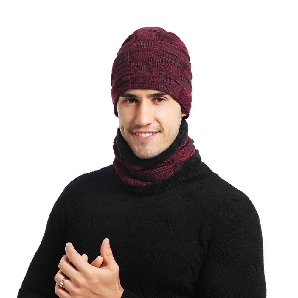 

Fashion Acrylic Fibres Men Scarf and Hat Set Soft Elastic Pullover Cap Thickened Plaid Knitted Scarf Autumn