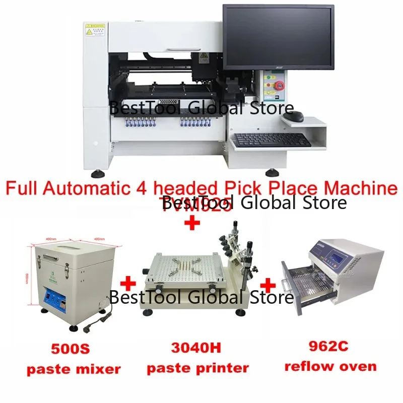 TVM925 Automatic 4-Head SMT Pick Place Machine with Dual Camera Visual System Solder Paste Mixer & Printer