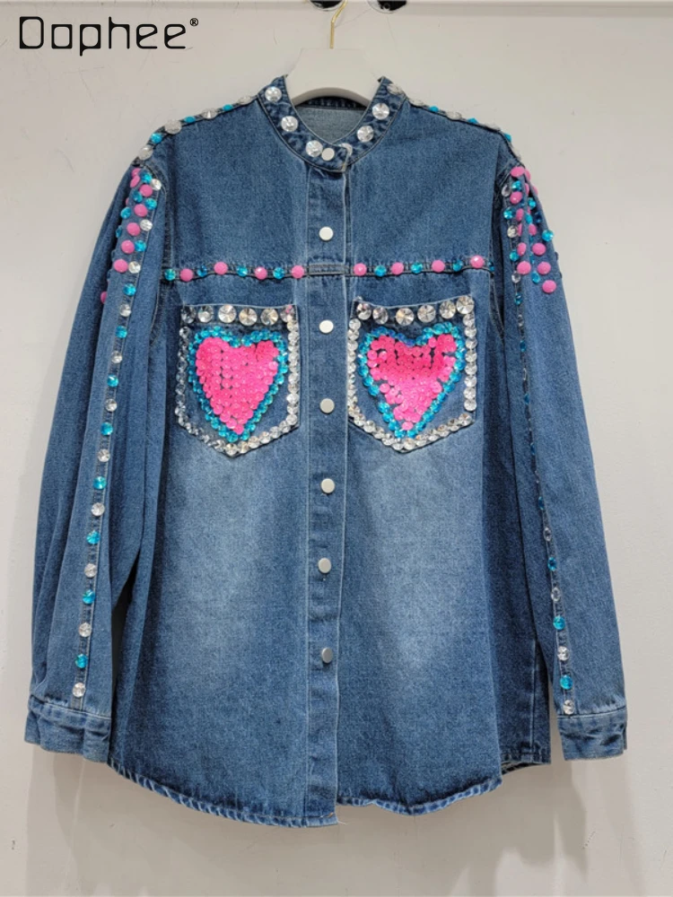 Exquisite Rhinestone Love Sequins Loose Denim Jacket 2023 Spring Autumn Mid-Length Round Neck Single-Breasted Shirt High Street