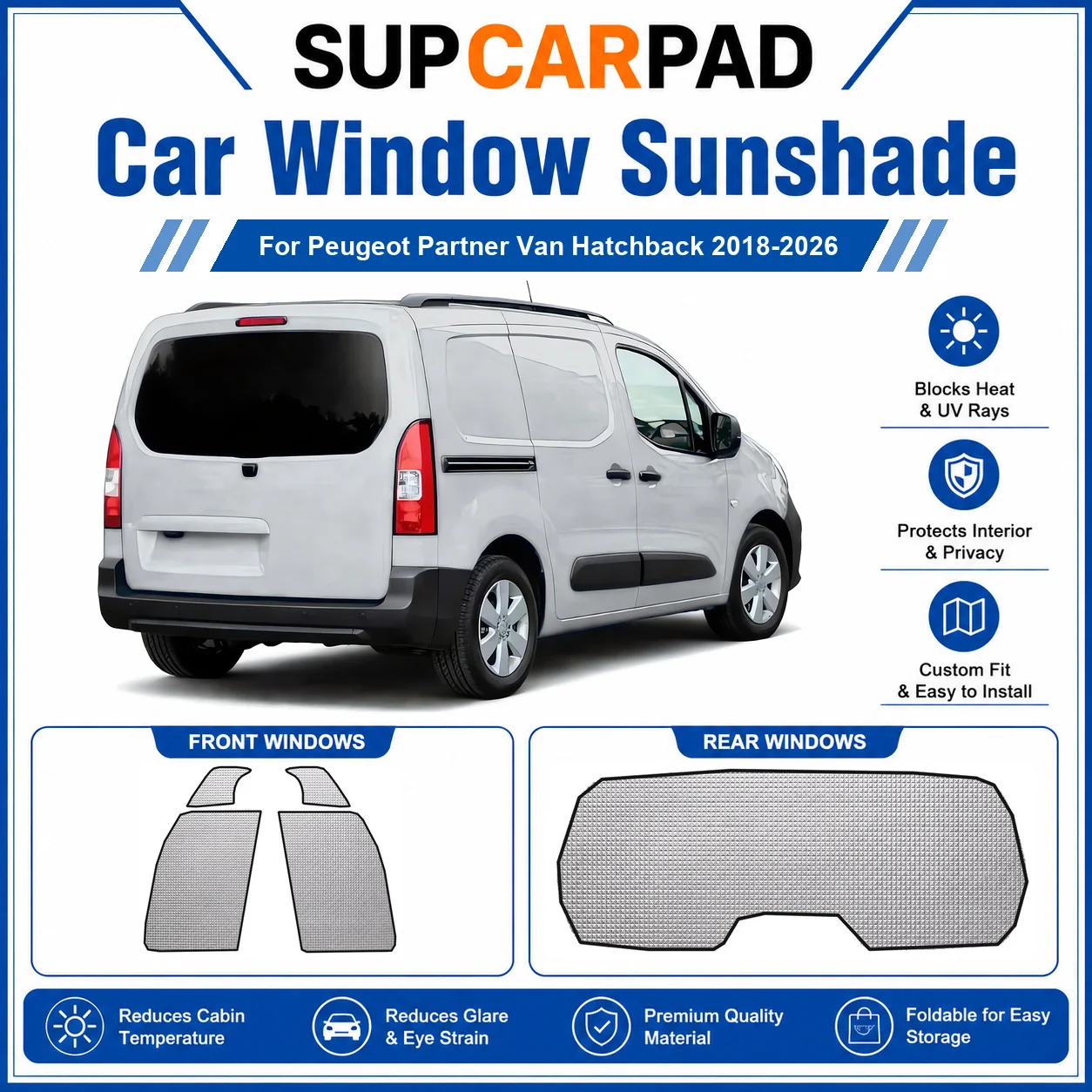 For Peugeot - Peugeot Partner Van Hatchback 2018-2026 Full Set Car Window Sunshades UV Block Privacy Heat Insulated Foldable Car