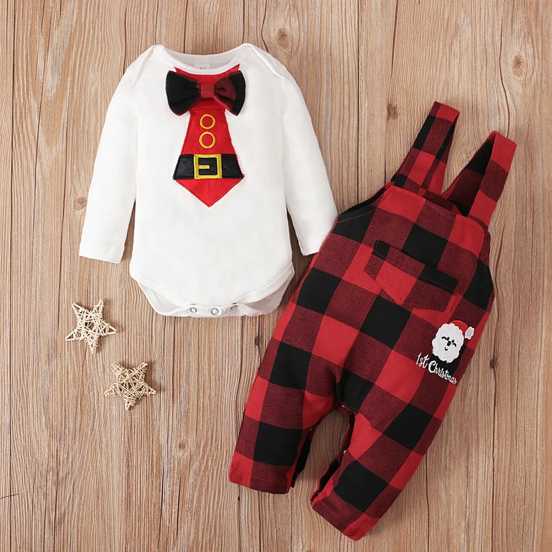 Boys European and American spring and autumn style long-sleeved bow tie romper top + plaid overalls two-piece children\'s clo