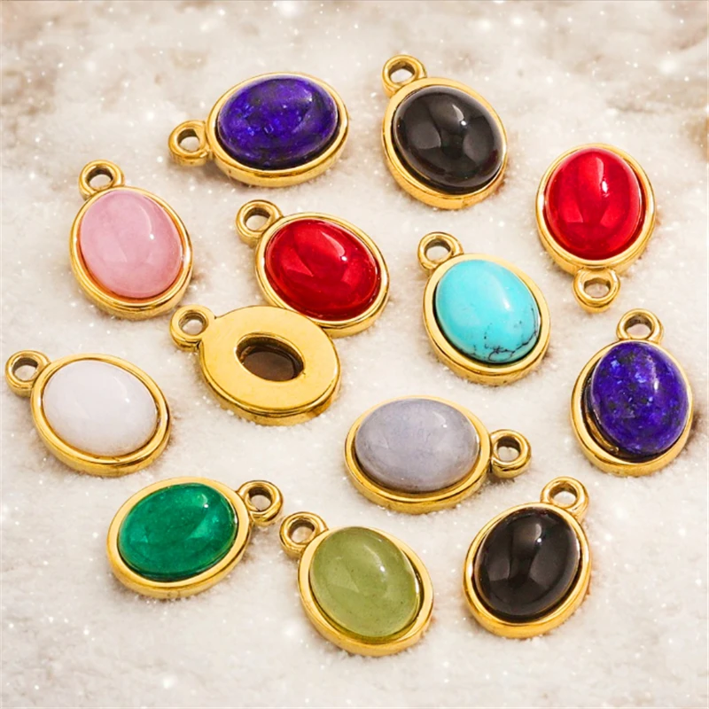 15Pcs/Lot New Fashion 18K Gold Plated Natural Stone Oval Charms DIY for Pendant Necklace Earrings Jewelry Findings Accessories