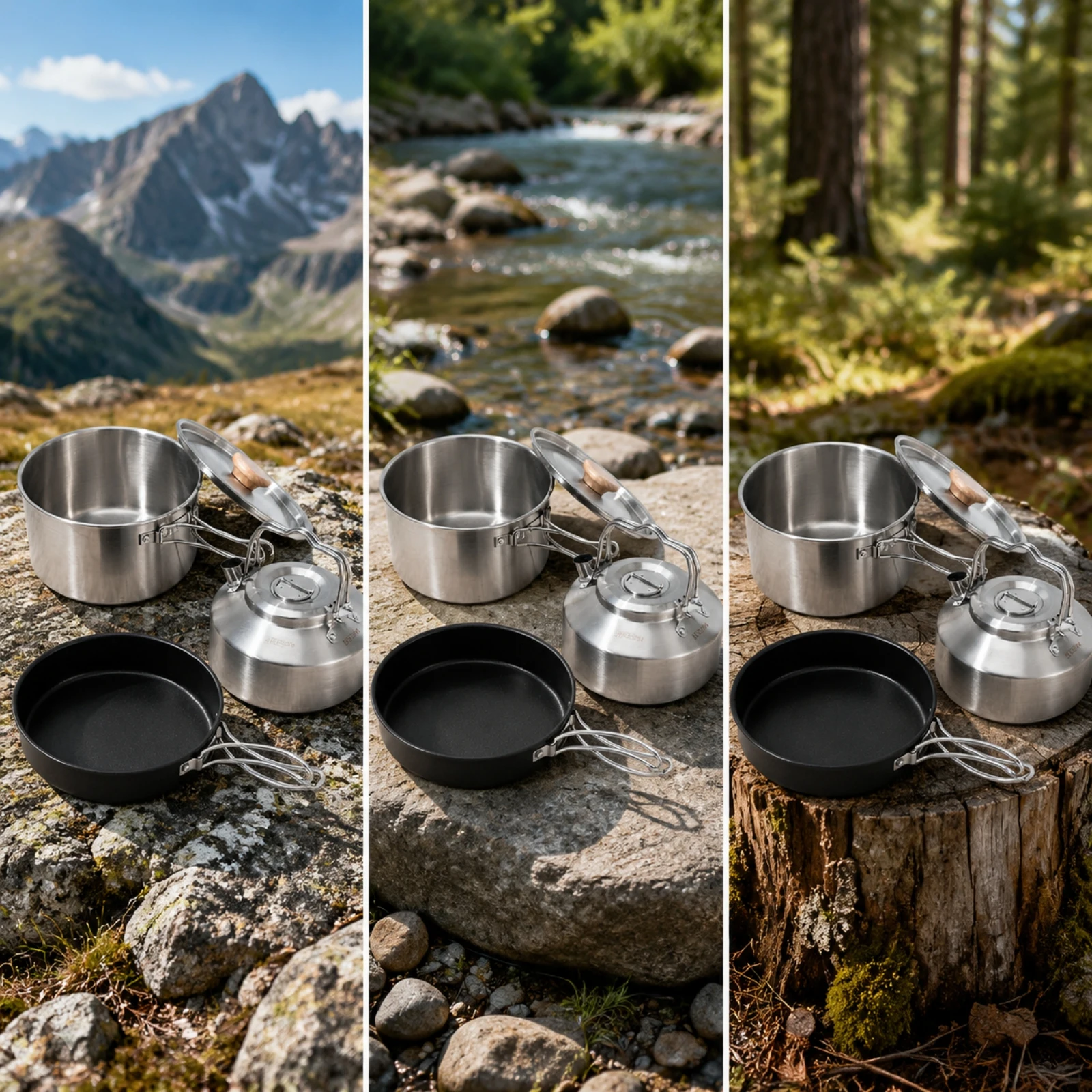 Camping Cooking Set Non Stick - 3-teiliges Kochgeschirr-Set, antihaftbeschichtet, stapelbar, Camping-Kochgeschirr mit