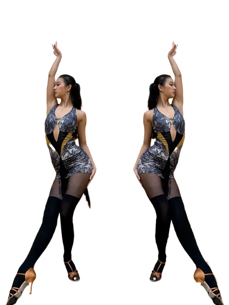 

MZDance 2026 New Women's Halter Neck Latin Dance Dress - Snake Pattern Skinny Tassel Skirt for Cha Cha & Samba