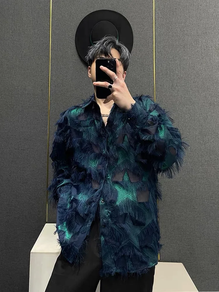 Male Trendy Spring Summer Thin Tassel Shirts Tops Men Fashion Ins Chic Y2K Party Nightclub Senior Long Sleeve Festival Blouse