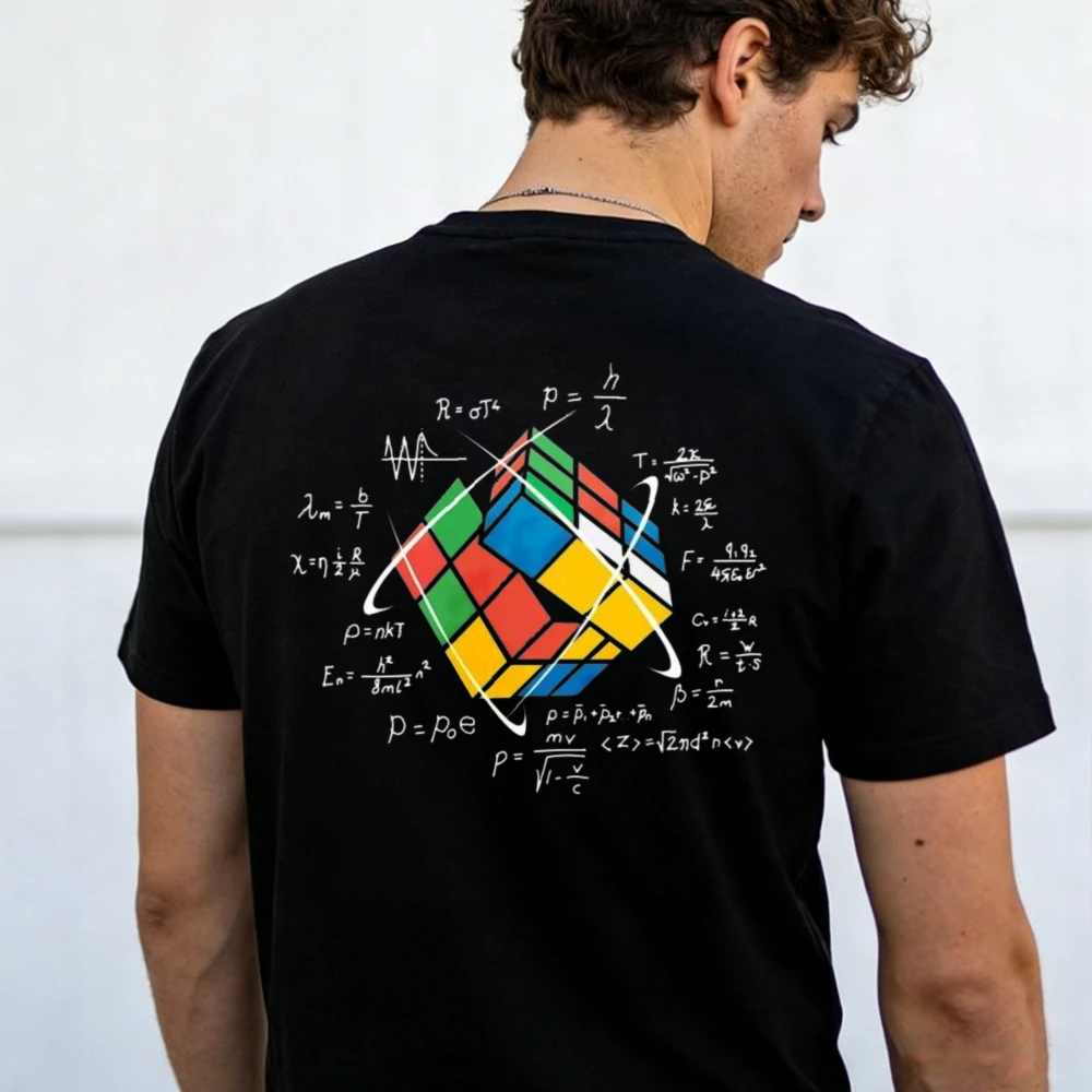 Funny Rubik's Cube Physics Math Formula Graphic T-Shirt Men Back Print Cotton Short Sleeve Science Nerd Puzzle Lover Casual Tee