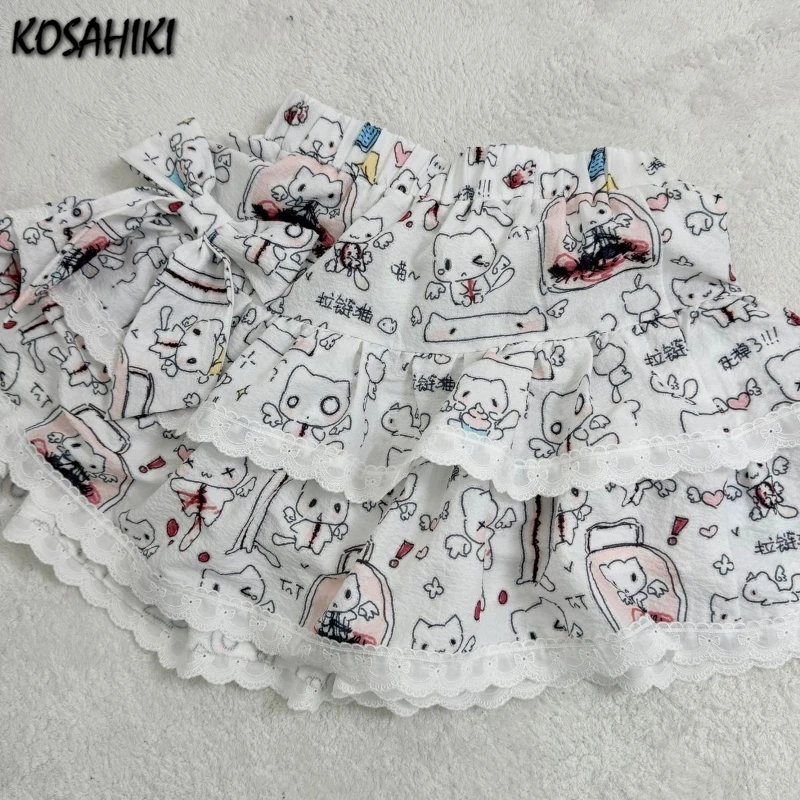 Japanese Kawaii Lace Patchwork Mini Skirts Womens JK Jupe Cartoon Print High Waist Skirt Y2k Aesthetic Sweet Bow Gothic Faldas