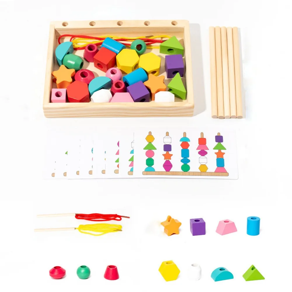 Blocs de piles Montessori interactifs en forme de couleur géométrique, jeu de Puzzle, perles de laçage, défis