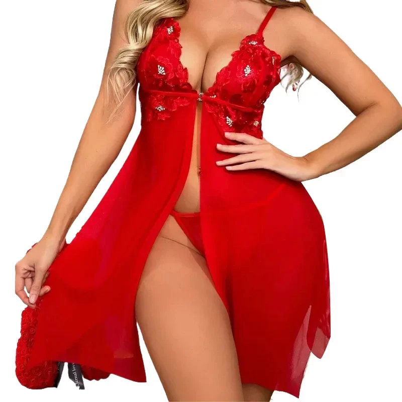 Robe de nuit dos nu en maille rouge pour femme, pyjama sexy, lingerie, vêtements de nuit, robe de soirée