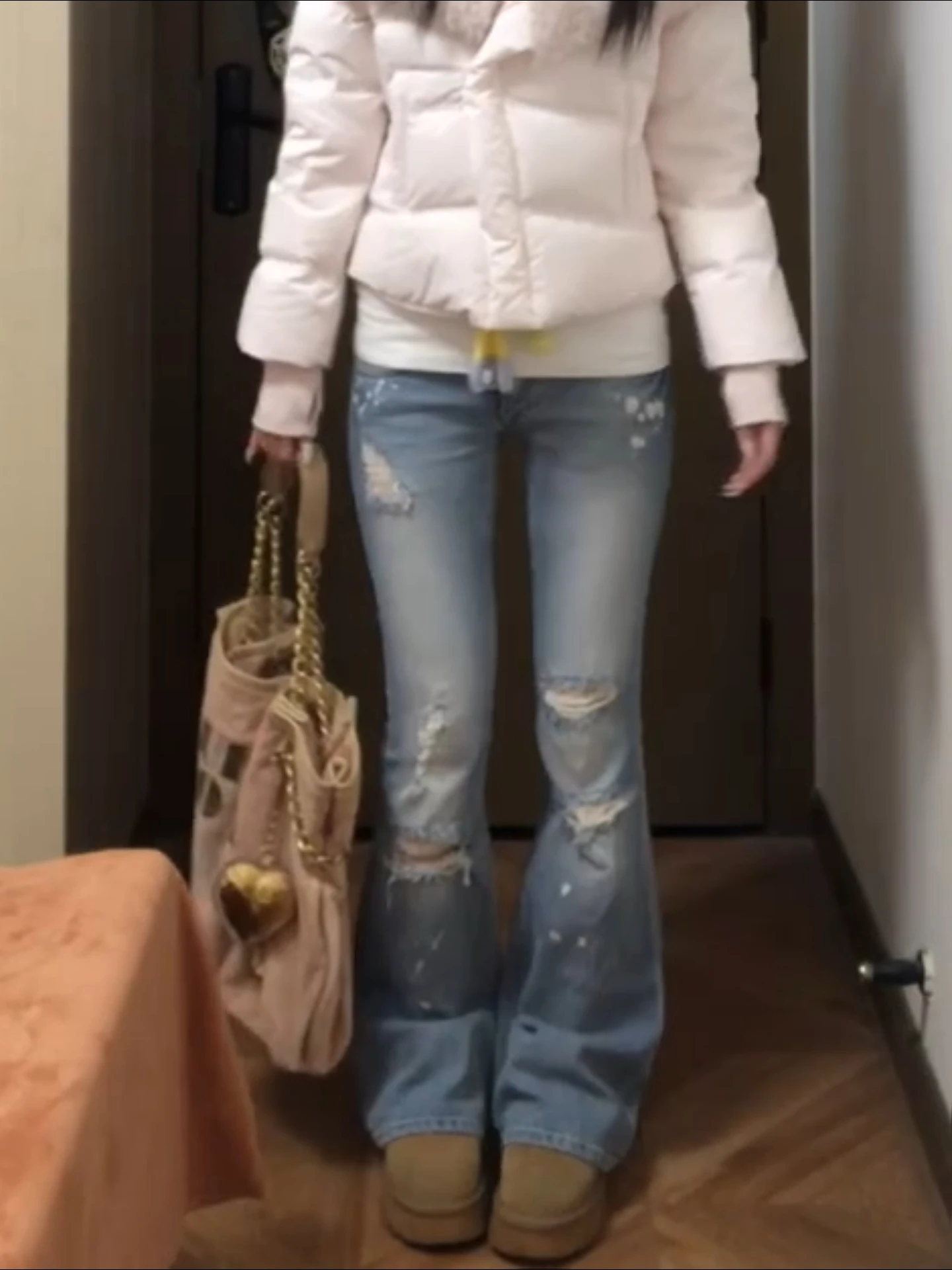 

Low Waist Bell Bottom Denim Jeans Women's Retro Washed Splatter Ink Hole Y2K Millennium Hot Girl Slim Long Pants