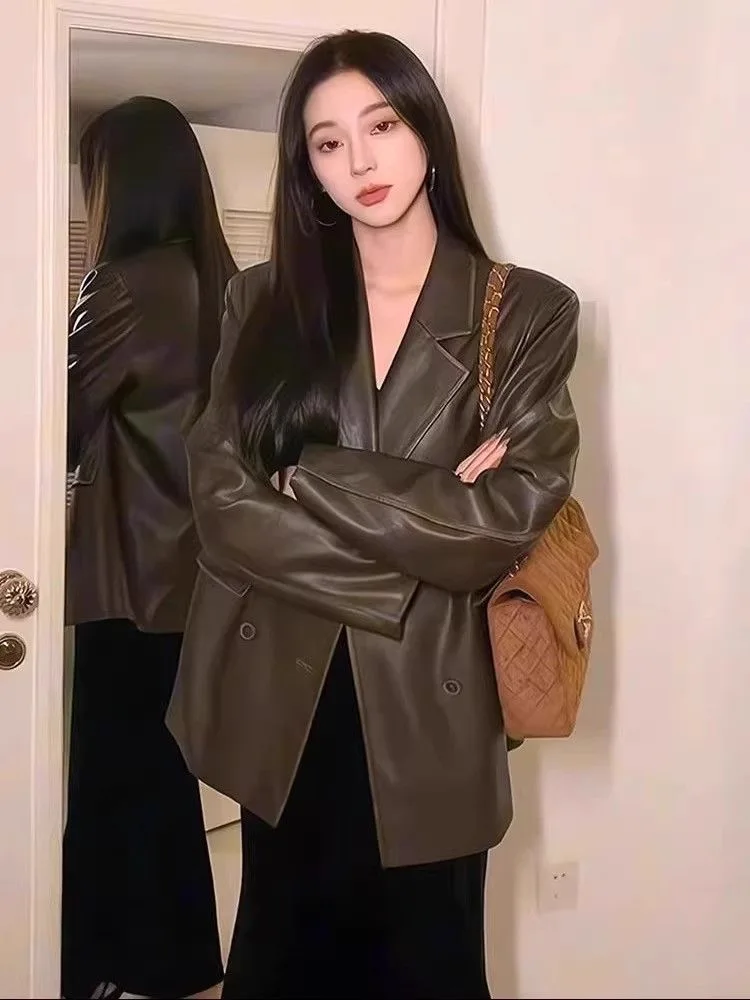 

Ele Korean Sle Loose Women's Jaet Long Sve Slimming PU Leather Coat Faionable Autumn New Arrival