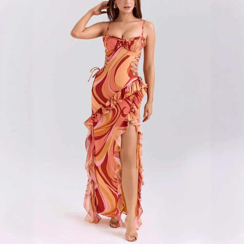 

Cross border women's European and American sexy printed lace up dress with exposed waist, ruffle edge and split suspender
