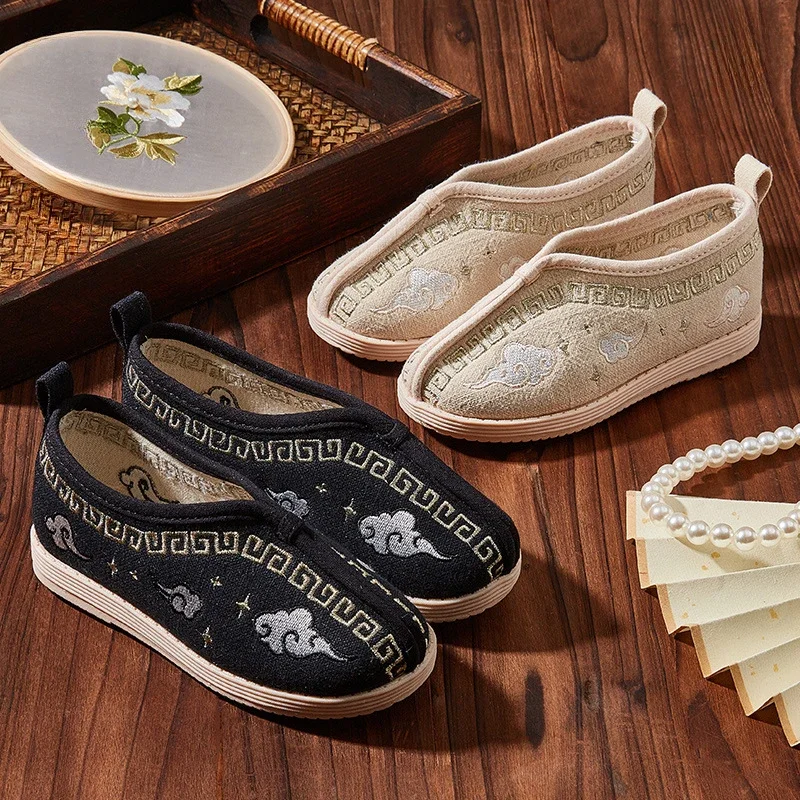 Boys Hanfu Performance Shoes Handmade Embroidery Children\'s Flats Slip-on Fashion Chinese Ancient Style Kids Causal Cloth Shoes