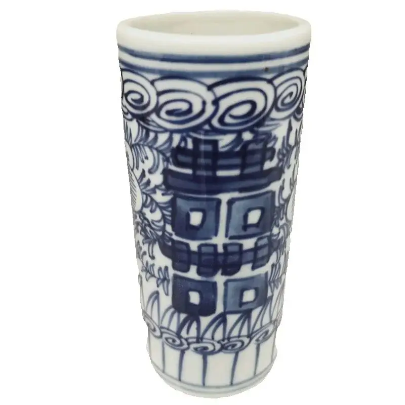 

China Old Porcelain Collectible Vase Pen Holder Blue White Double Happiness Pattern Antique Decorative Item