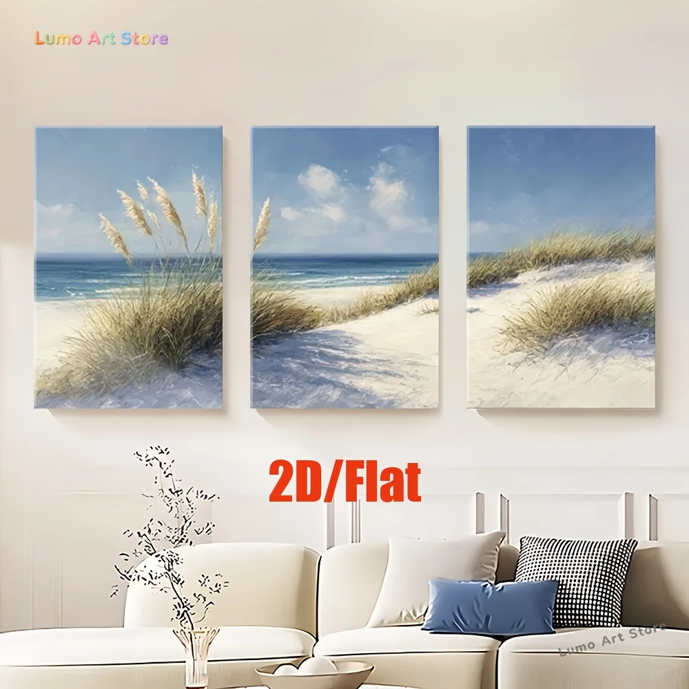 2D Flat, 3pcs Frameless Canvas Wall Art - Beach Scene with Sand Dunes, Abstract Coastal Decor for Living Room, Office, Bedroo