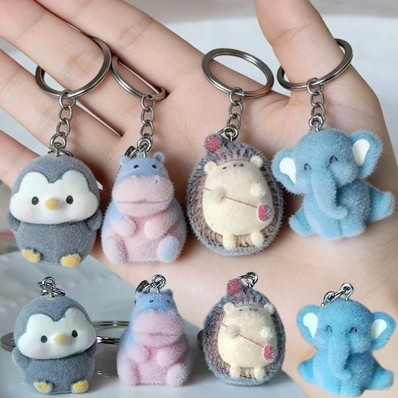 Flocking Cute Hippo Elephant Hedgehog Keychains For Friend Gift Resin Cartoon Lovely Fluffy Penguin Animal Pet Bag Box Key Ring