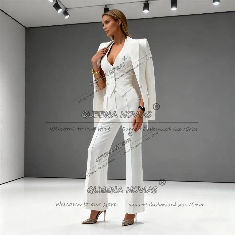 أنيقة الأبيض الصلبة النساء السراويل الدعاوى واحدة الصدر حفلة موسيقية الحلل مخصصة 3 قطعة مجموعات العروس الأم فستان الزفاف البدلات الرسمية #4